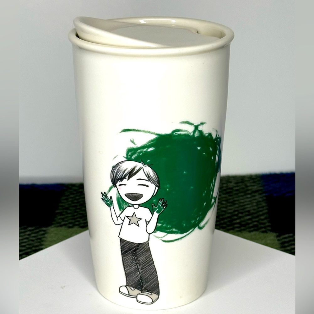 Starbucks 2015‎ Boy Finger Painter White Travel Tumbler Sz 12 oz